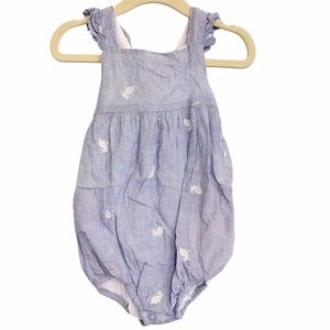 Baby Boden Bunny Bubble Romper, Cotton Blue White Rabbit Embroidered Girl Spring